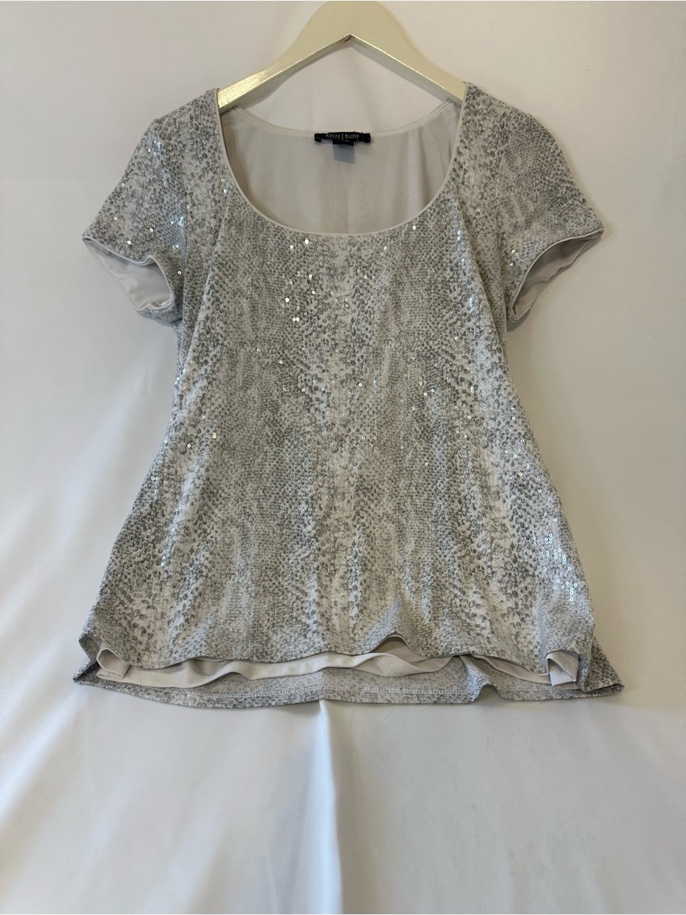 White House Black Market Silver Sequin Scoop Neck Short Sleeve Top